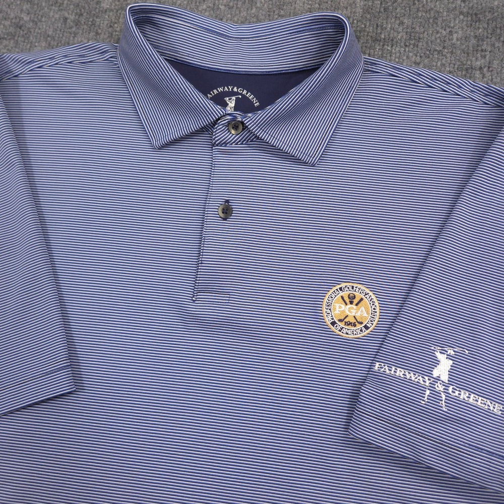 Fairway & Greene Tech Polo Shirt Mens L Blue Striped PGA Logo Performance Golf